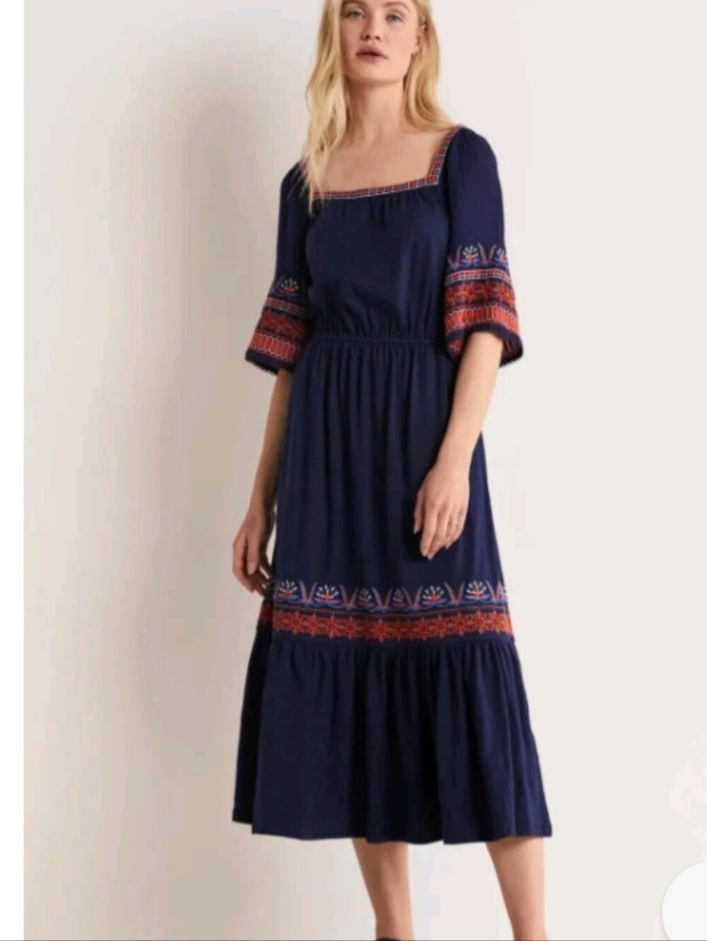 Boden Womens Jersey Embroidered Midi Dress Navy Blue Boho SZ 8